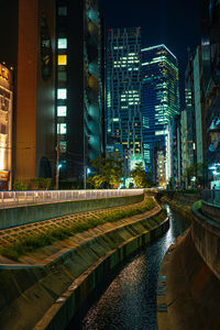 Illuminated buildings in city at night