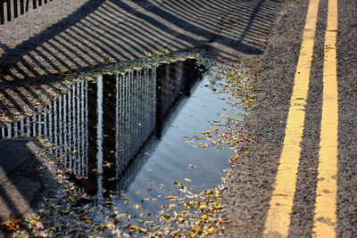 Reflection of railing in puddle on road