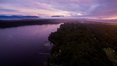 High angle view of lake against sky during sunset