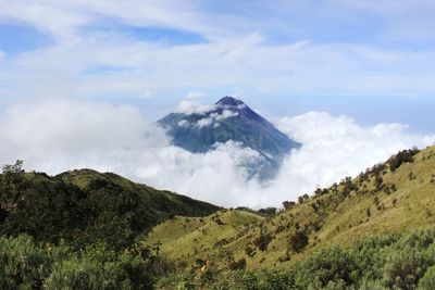 Panoramic view of volcanic landscape against sky