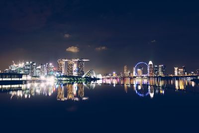 Reflection of illuminated city in water at night