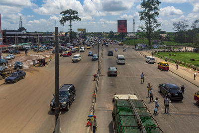 High angle view of traffic on road in city