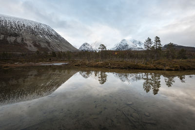 Reflection of snowcapped mountains and lake against sky