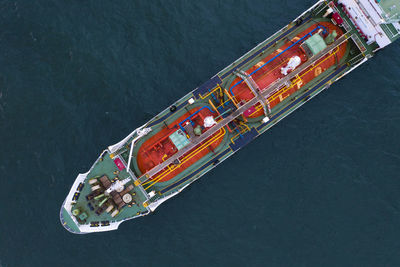 High angle view of ship sailing on sea