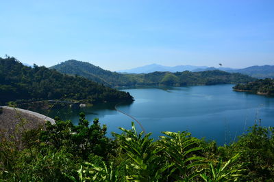 Scenic view of lake and mountains against sky