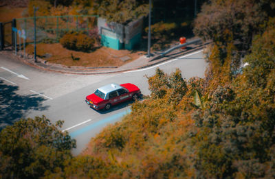 High angle view of car on road by trees