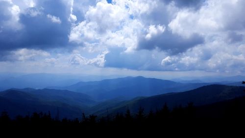 Scenic view of silhouette mountains against sky