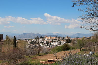 Aerial view of town against cloudy sky