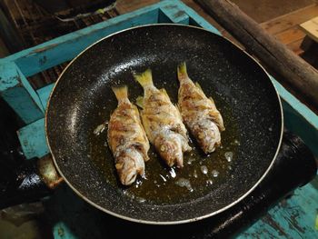High angle view of fish in pan