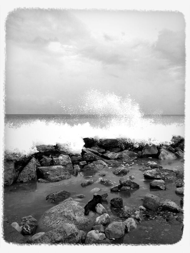 transfer print, water, sea, auto post production filter, beach, horizon over water, rock - object, shore, sky, wave, surf, scenics, beauty in nature, nature, motion, splashing, tranquility, tranquil scene, cloud - sky, stone - object