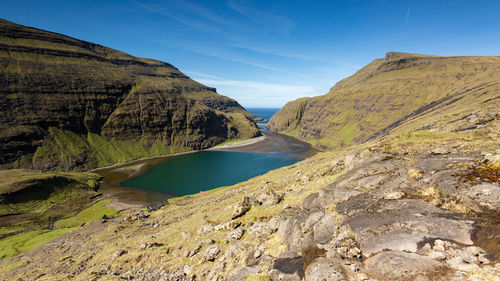 Scenic view of lake by mountains against sky