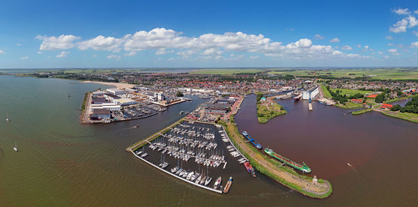 Aerial panorama from the city and harbor from lemmer in friesland the netherlands