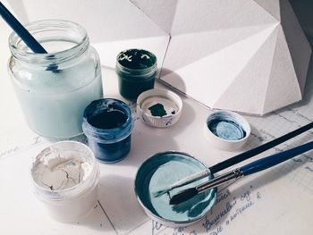 High angle view of glasses on table