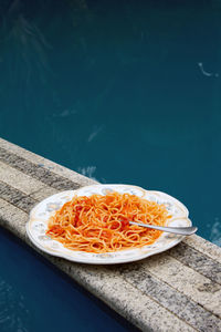 High angle view of food served on table