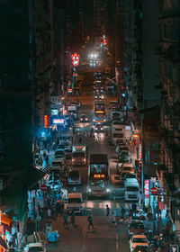 High angle view of illuminated city street at night