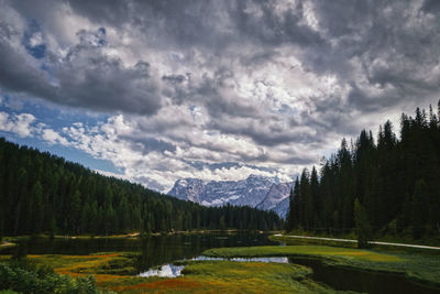 Scenic view of lake and mountains against sky