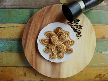 High angle view of cookies on table