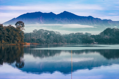 Scenic view of lake and mountains against sky