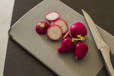 High angle view of fruits in plate on table