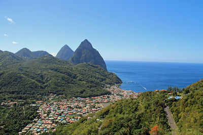 Scenic view of sea and mountains against blue sky