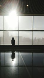 Rear view of woman standing by glass window in modern building on sunny day