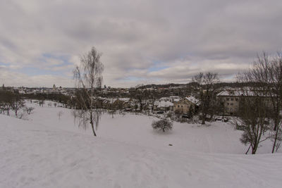 Snow covered landscape against sky