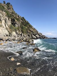 Scenic view of rocky beach against clear sky