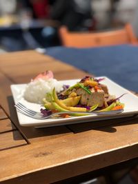 Close-up of food served on table