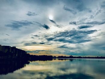Scenic view of lake against sky during sunset