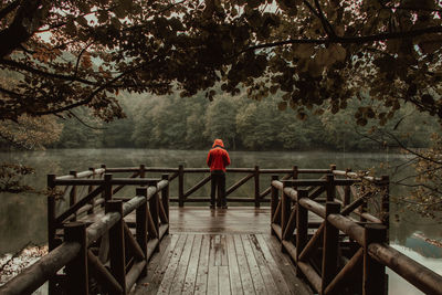 Rear view of man standing on footbridge