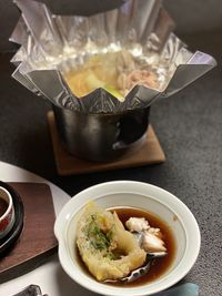 High angle view of soup in bowl on table