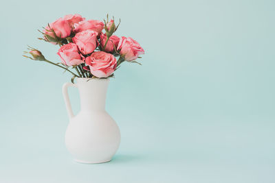 Close-up of pink rose in vase against white background