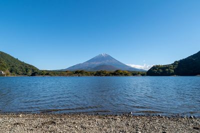 Scenic view of lake and mountains against clear blue sky