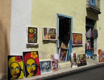 Multi colored umbrellas on wall