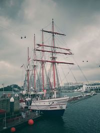 Sailboats moored on sea against sky