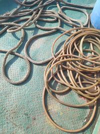 High angle view of ropes on table