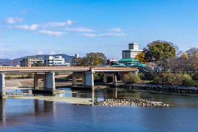 Bridge over river by buildings against blue sky