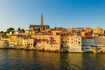 Aerial photo of rovinj town at sunset, istra, croatia