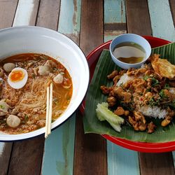 High angle view of food served on table