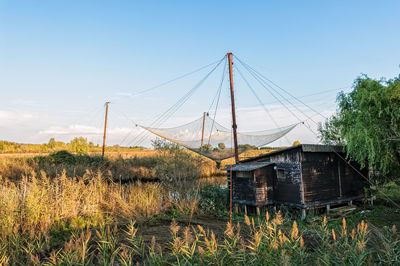 Built structure on field against clear sky