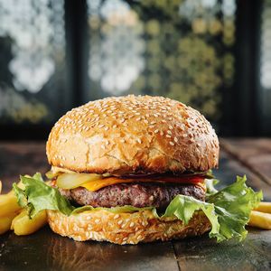 Close-up of burger on table