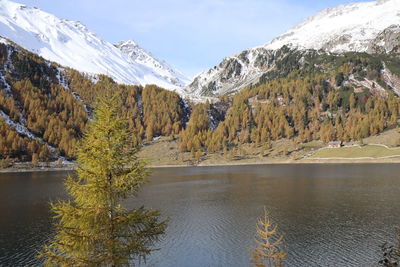 Scenic view of lake by snowcapped mountains against sky