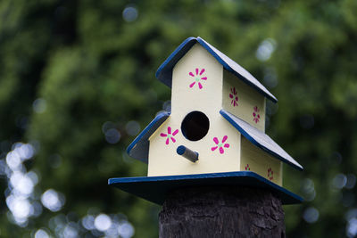 Close-up of birdhouse on tree against blurred background