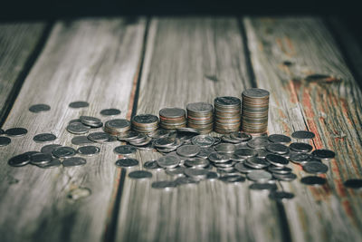 High angle view of coins on table