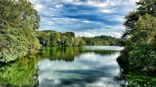 Scenic view of lake against cloudy sky