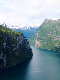 Scenic view of river amidst mountains against sky