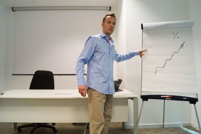 Portrait of businessman pointing at whiteboard while standing in office