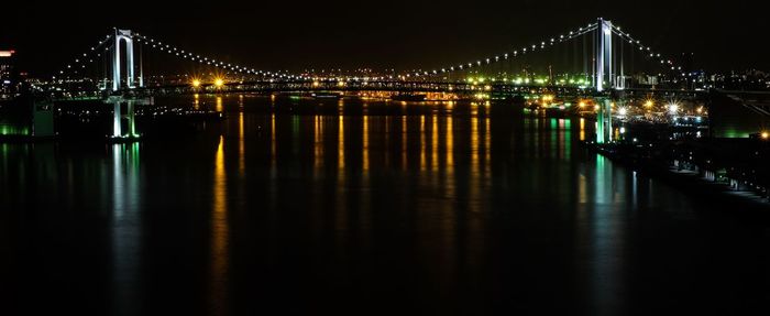 Illuminated bridge over river at night