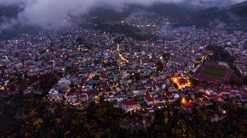 Aerial phot of the town of edessa stands on the edge of a cliff