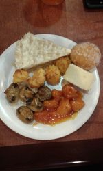 High angle view of breakfast served on table